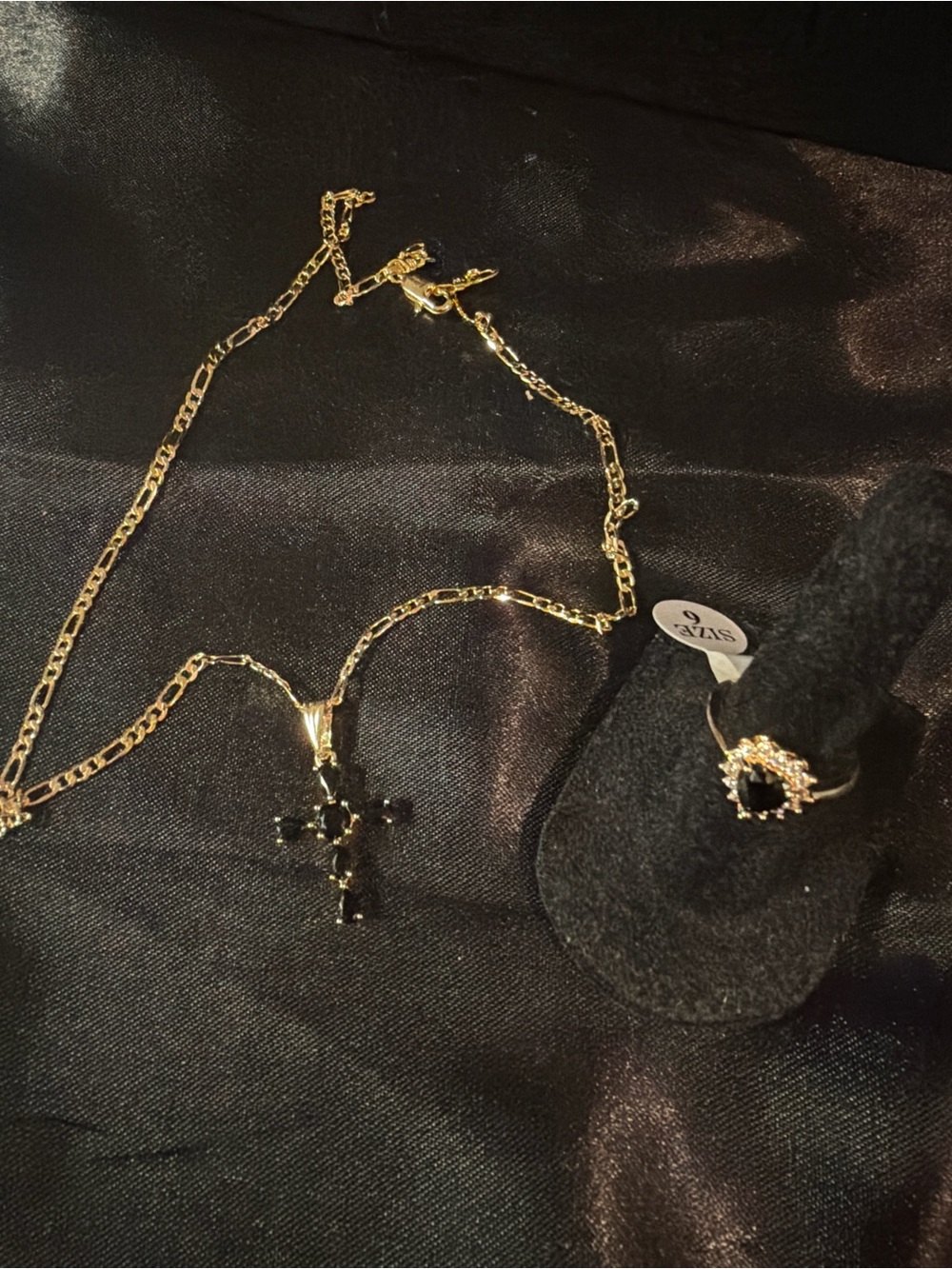 Gold-Tone Cross Necklace with Black Stone & Matching Ring - Women's Jewelry